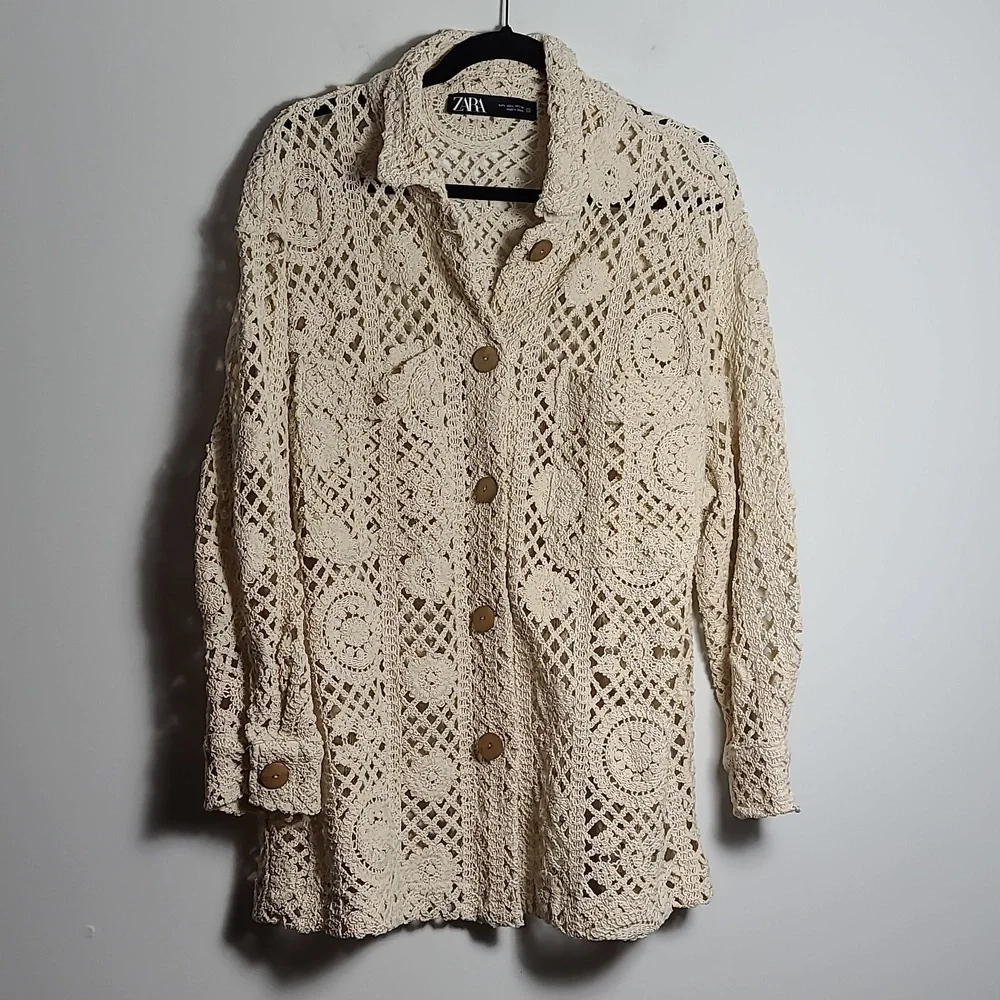 ZARA Open Crochet Cream Button Up Cardigan Shacket Coat Size Large - Picture 4 of 15
